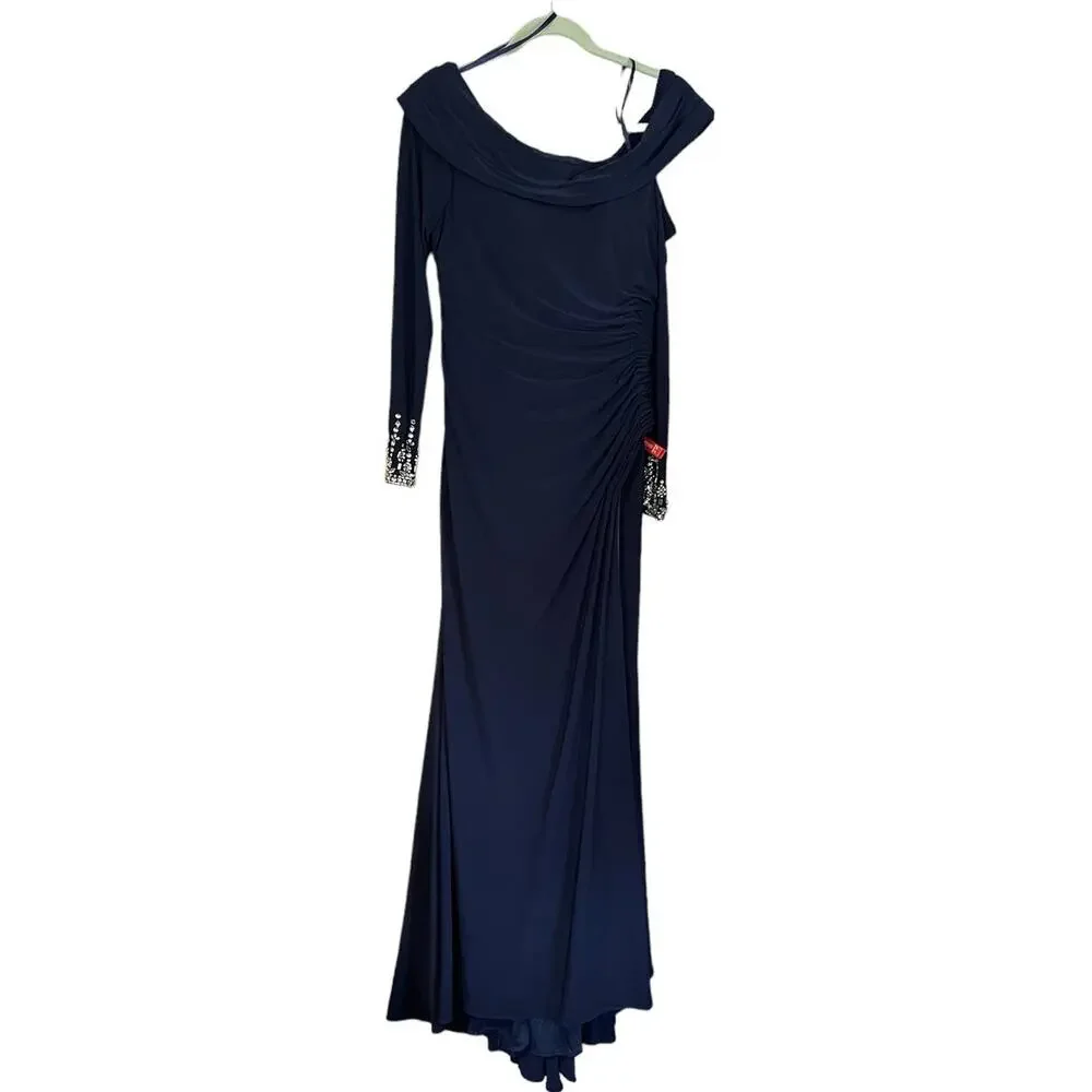 Mac Duggal 10 NEW Beaded Cuff Drop Shoulder Faux Wrap Gown Midnight Blue 12231 - Picture 5 of 8